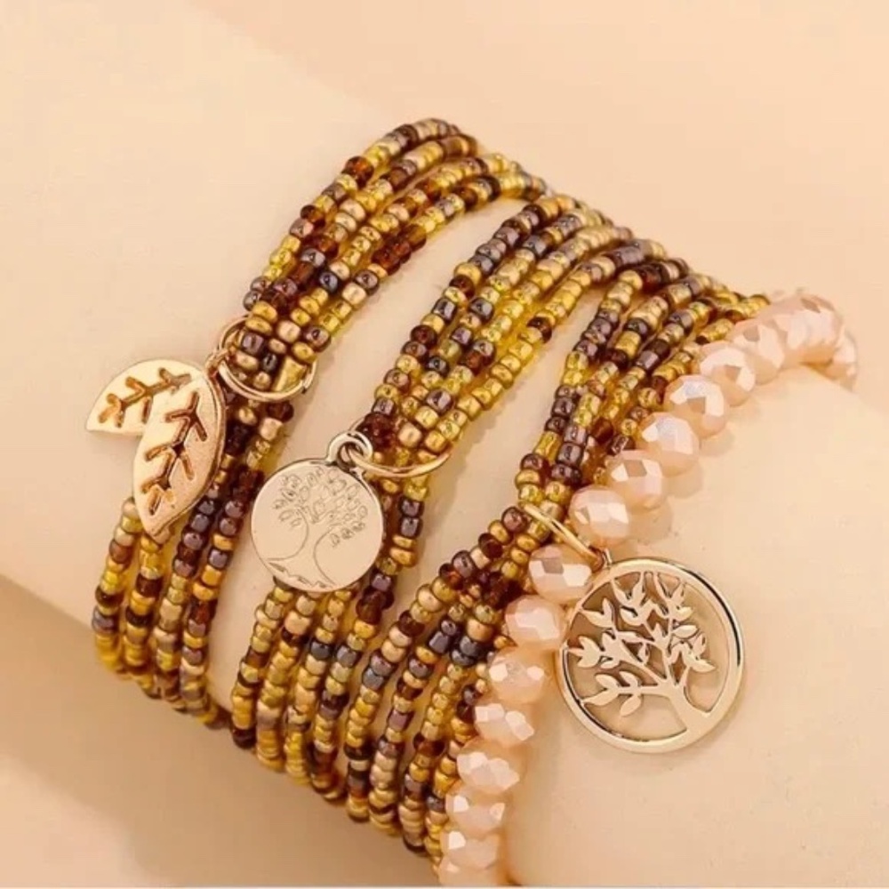 Boho Beaded Wrap Bracelet /Anklet Set w/ Tree & Leaf Charms